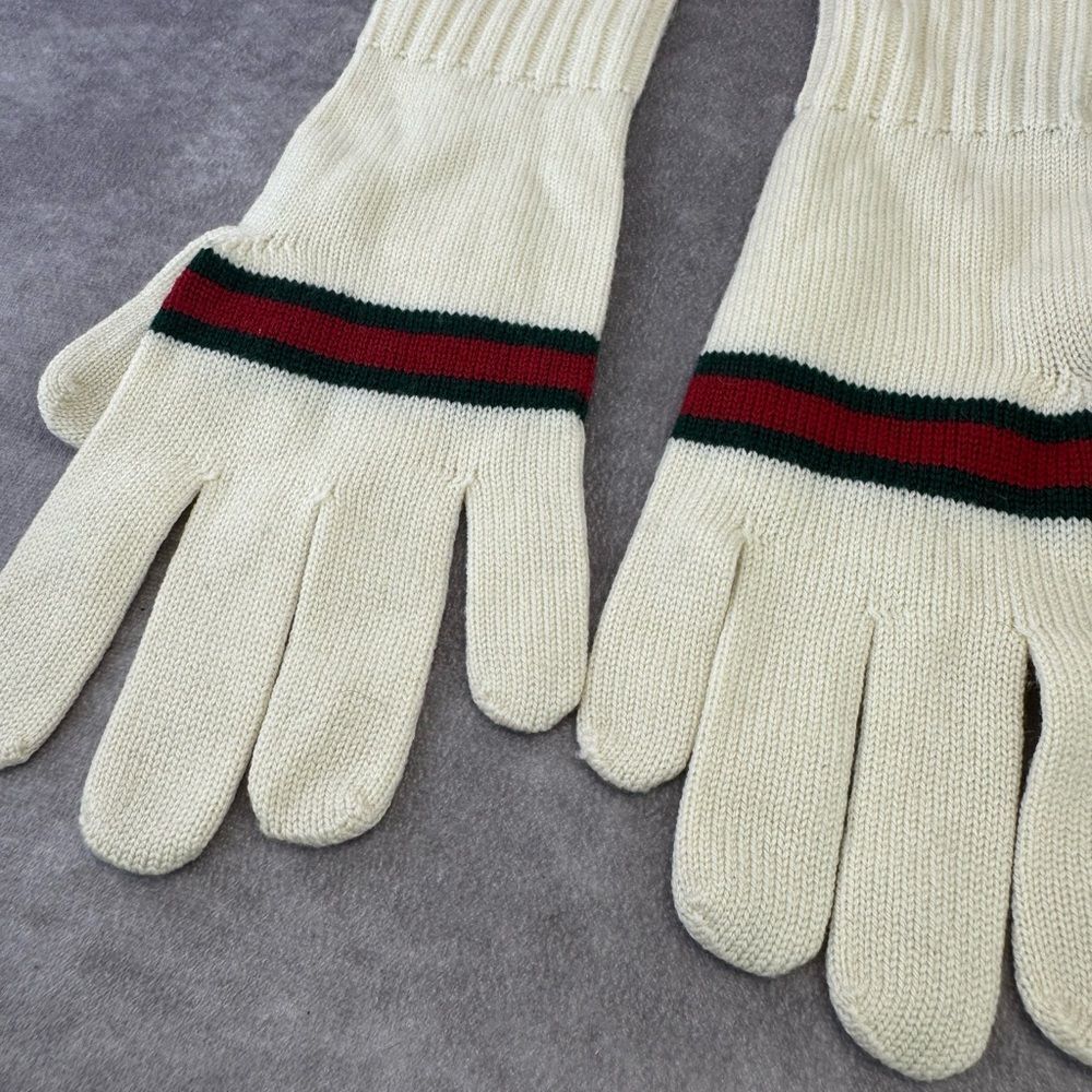 Gucci Lambs Wool Cream Knit Web Stripe Gloves Medium - Picture 3 of 8